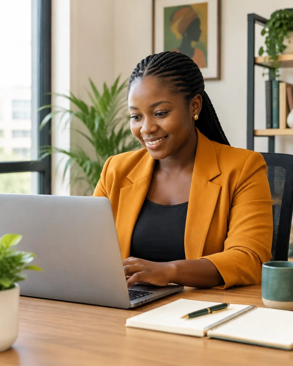 A smiling African business owner works on a laptop in a bright modern office.