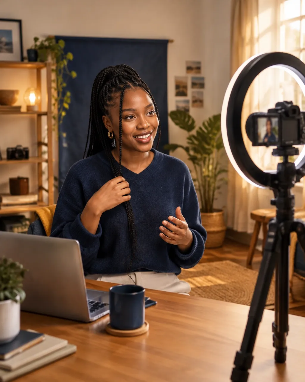 A creator films a short video with a camera and ring light in a warm home studio.