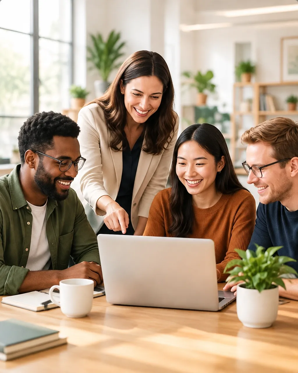 A friendly instructor guides a diverse office team around a laptop during an AI training session.