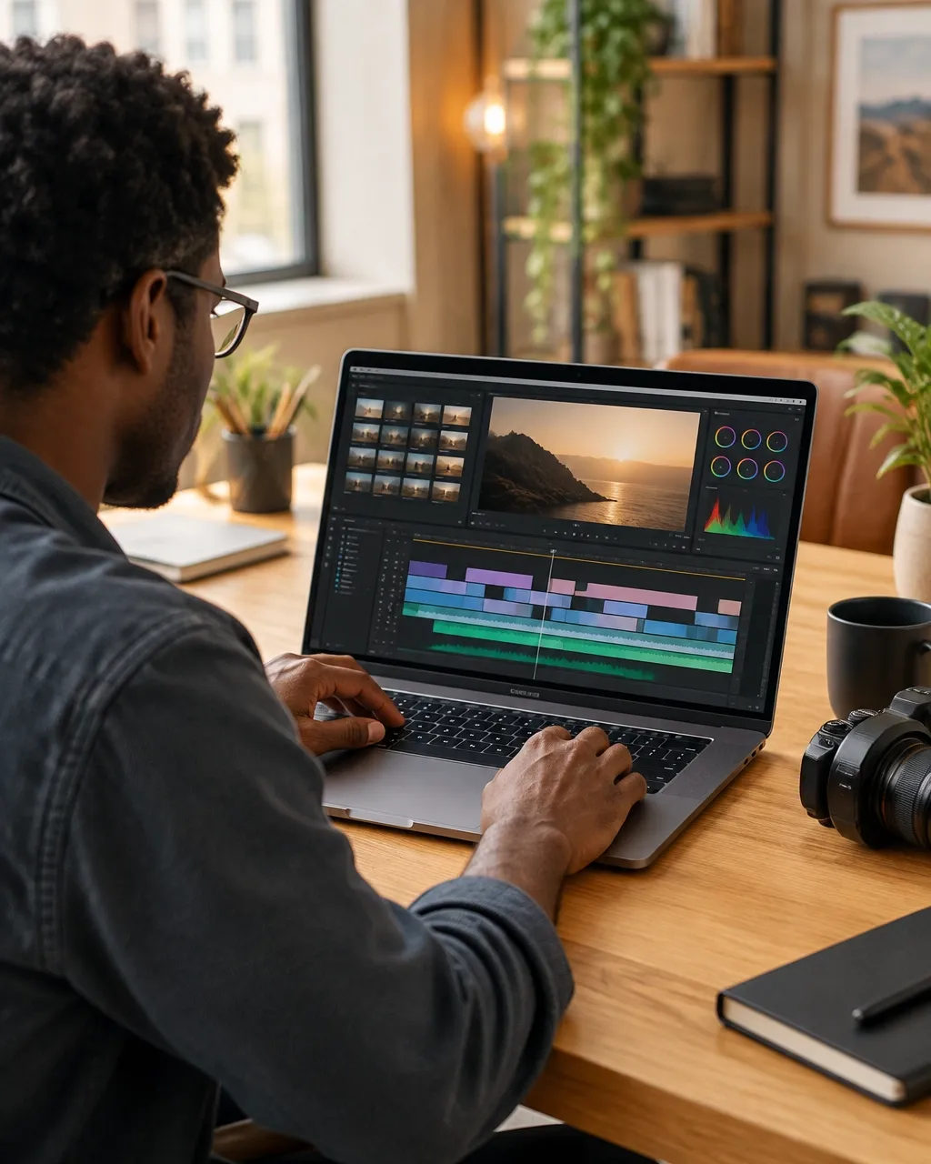 A professional works on video editing on a laptop at a warm modern desk.